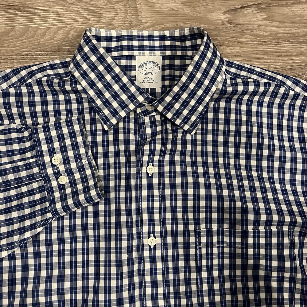 Brooks Brothers Men Sz 17-2/3‎ 346 Blue Plaid Long Sleeve Button Up Slim Shirt